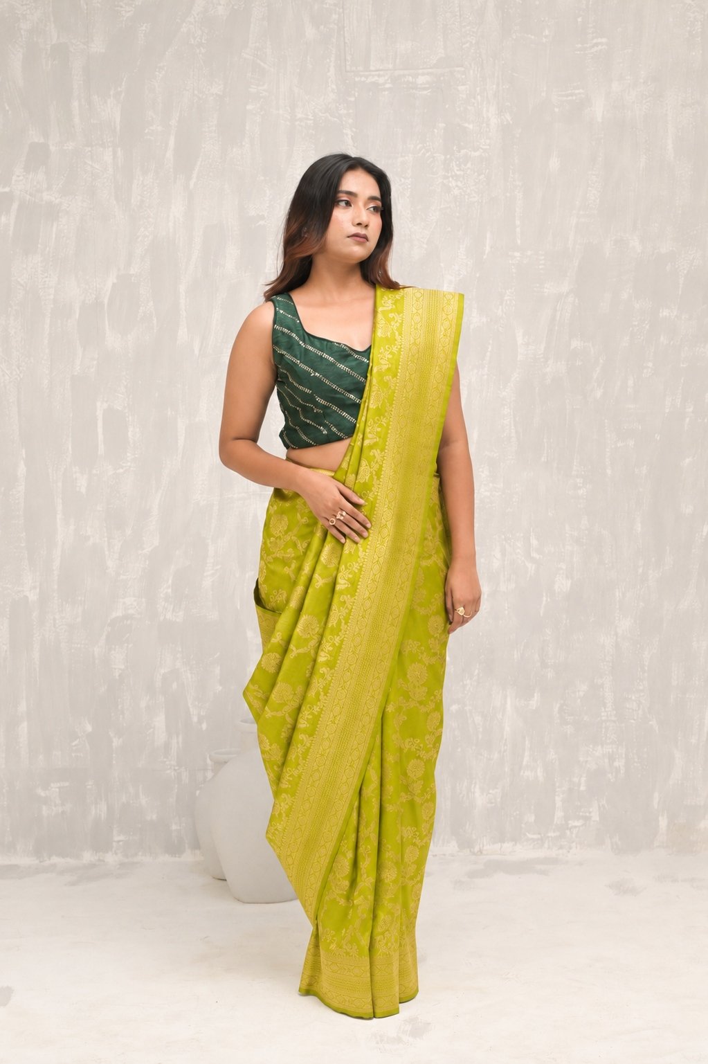 Lime Chartreuse Green Banarasi Brocade Saree With Handwoven Floral Jangla Design